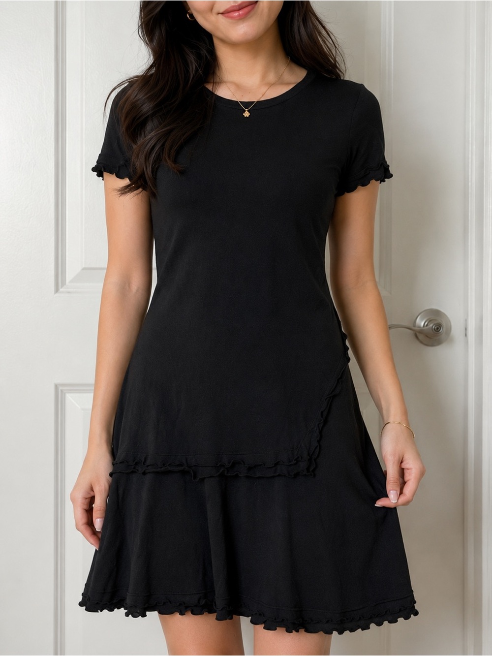 Derek Lam 10 Crosby Minimalist Black Shift Dress Ruffle Detail Medium